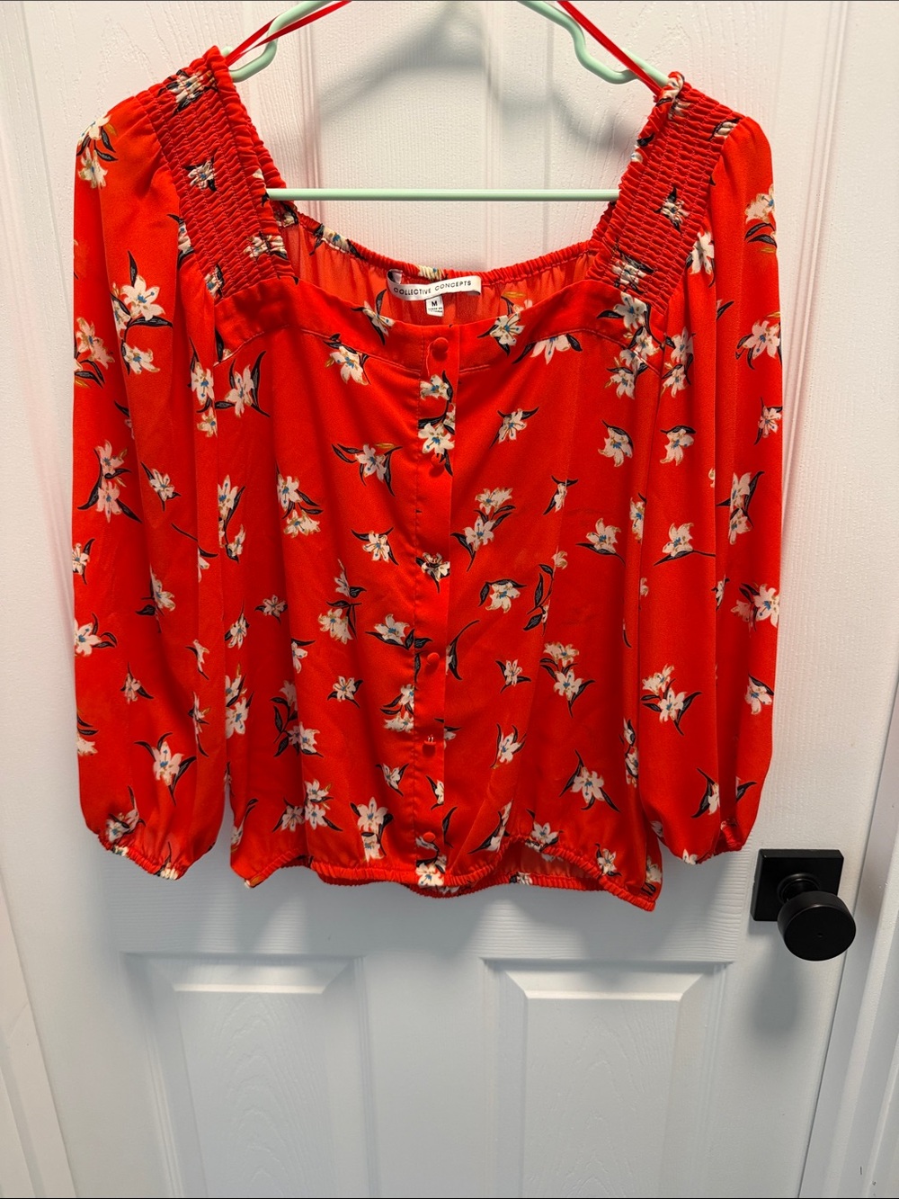 Collective Concepts Red Floral Square-Neck Button Blouse